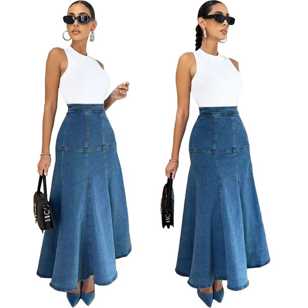 Verve D8681 Spring/Summer New Women's Denim Washed Flared Skirt International Station Style_ecoleips.com