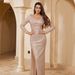 Women's Clothing Elegant Slim Long Sleeved V Neck Slit Temperament Banquet Dress Skirt_ecoleips.com