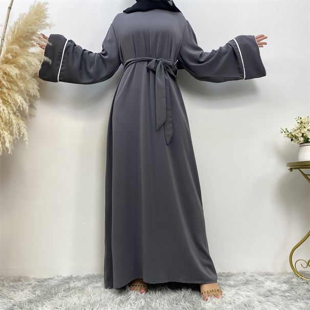 Modest Abaya Dress/Muslim Dress Women Fashionable Women's Plain Color Dress With White Trim Plus Size Tie Waist Muslim Fashion_ecoleips.com
