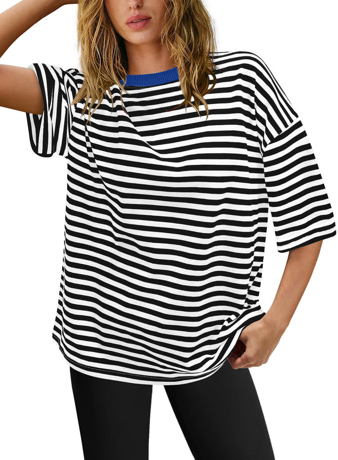 Women's Clothing Summer Striped Short Sleeved Women's Tops Loose Casual Striped Round Neck T Shirt_ecoleips.com