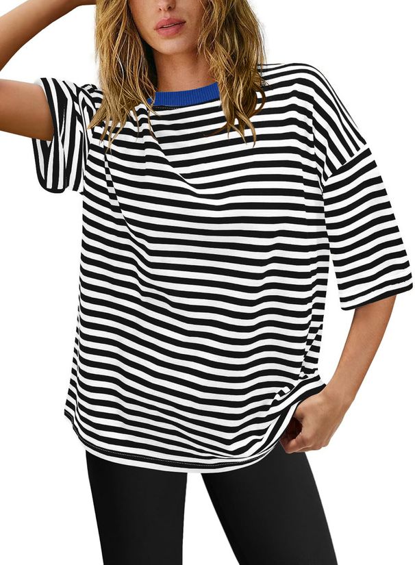 Women's Clothing Summer Striped Short Sleeved Women's Tops Loose Casual Striped Round Neck T Shirt_ecoleips.com