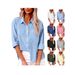 Women's Long Sleeve Shirt Autumn Pocket Solid Color Turn down Collar Button up Foreign Trade Top for Women_ecoleips.com