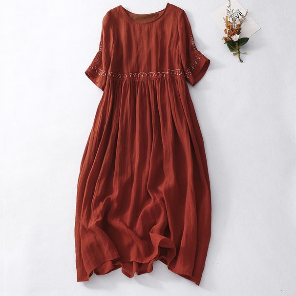 Summer Round-Neck Short-Sleeved Dress With Artistic Retro Style, Loose Fit, Embroidered Ramie Fabric, And Long Skirt_ecoleips.com