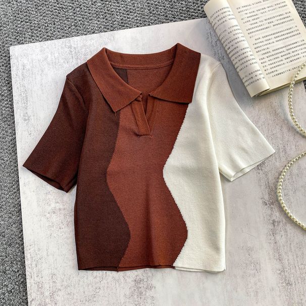 Korean-Style Polo Collar Knit Top – Sweet Color-Block Slim Fit Cropped Sweater For Petite Women, Fall/Winter Essential_ecoleips.com