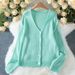 Women’s Deep V-Neck Button Cardigan – Soft Mohair Blend Knit Sweater (S-XL) – Light Blue, Versatile & Stylish_ecoleips.com