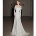 Women's Clothing Style Off The Shoulder Light Lace Wedding Dress White Slimming Short Train Bridal Reception Dress_ecoleips.com