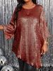 Plus Size Casual Tunic Top With Round Neck & 3/4 Sleeves - Flowy Asymmetrical Hem Women's Blouse For Everyday Comfort_ecoleips.com