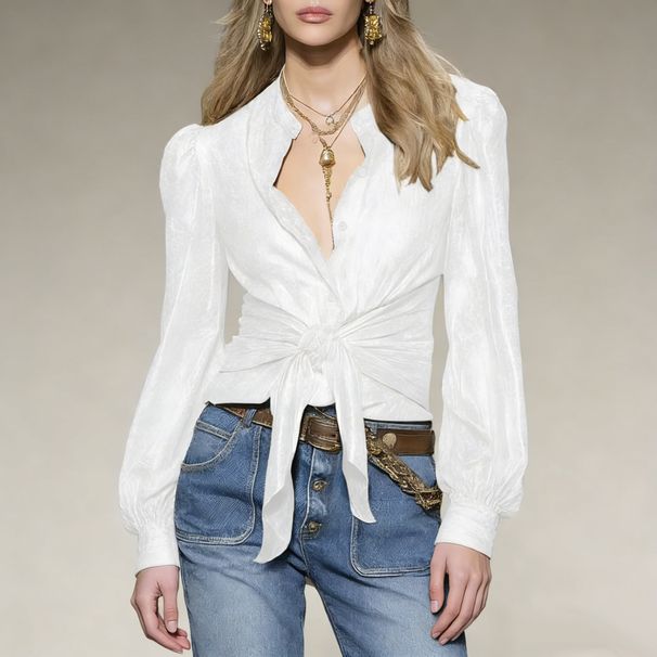 Spring Autumn New V Neck Tie Long Sleeve Women's Elegant Bow Top Style_ecoleips.com