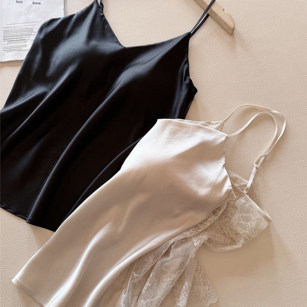 Mulberry Silk Lace Backless Camisole Women, Black V-Neck Versatile Top For Layering Or Outerwear, Slimming Effect_ecoleips.com