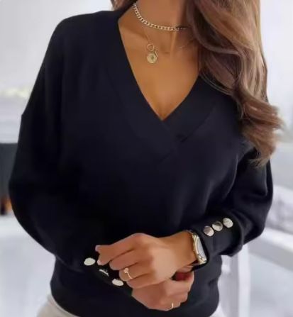 V-Neck Long Sleeve Knit Sweater – Casual Button Cuff Pullover For Women_ecoleips.com