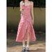 Pink Floral Print Camisole For Women, Summer 2025 New Style, Fairy-like, Slimming, Waist-cinching Long Dress_ecoleips.com