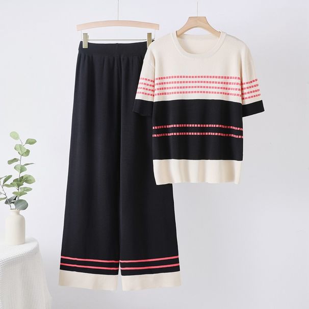 Women's Clothing Fashion Knitted Suit Summer New Style Temperament Contrast Color Top High Waist Slim Wide Leg Pants Two Piece Suit_ecoleips.com