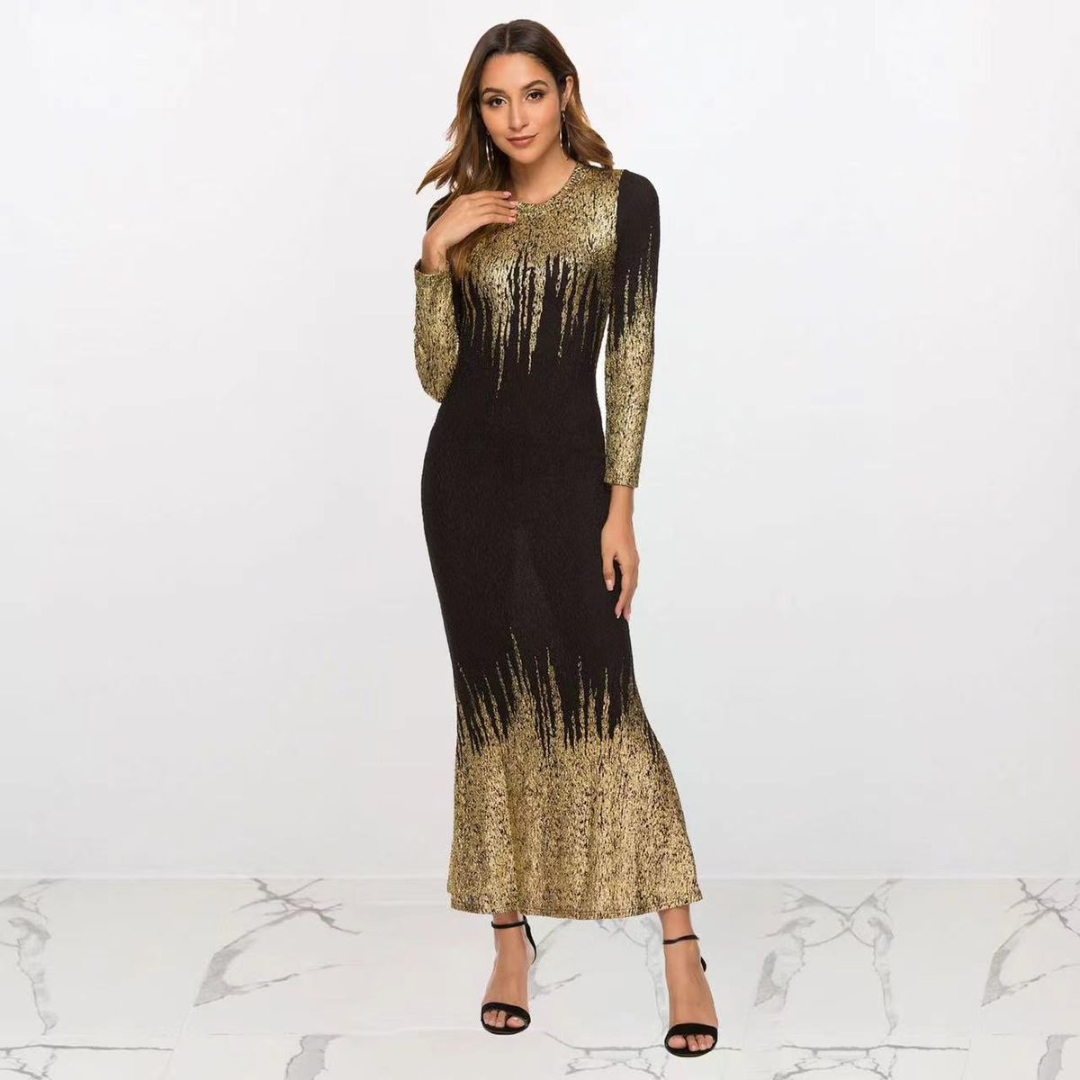 2023 New European And American Style Gold-Printed Slim-Fit Long-Sleeve, Autumn/Winter Evening Gown, Mermaid_ecoleips.com