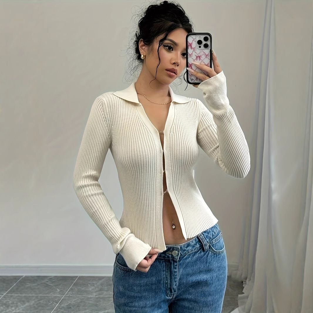 Women's Long-sleeved Spring And Autumn Polo Knit Top, Thin Outerwear, Cross-border Cardigan, Short Jacket_ecoleips.com
