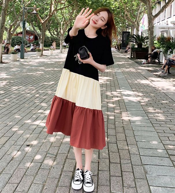 plus Size Korean Style T Shirt Dress Color Blocking Loose Fit Fashionable mid Length Knee Length Skirt for Summer Women's Clothing_ecoleips.com