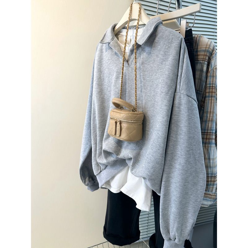 polo Collar Solid Color Sweatshirt For Women, Spring And Autumn Thin Loose New American Hong Kong Style_ecoleips.com