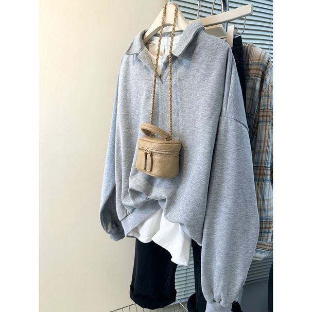 polo Collar Solid Color Sweatshirt For Women, Spring And Autumn Thin Loose New American Hong Kong Style_ecoleips.com