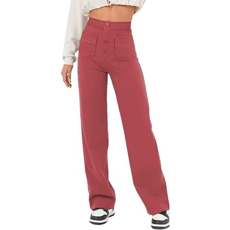 New Women's Straight Leg Pants With Buttons Elastic Waistband Multiple Pockets Comfortable Stretch Polyester Casual Trousers For Daily Wear_ecoleips.com