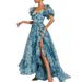 Elegant Porcelain Print Puff Sleeve Floral Dress Strapless High Waist Luxury Evening Gown Party Formal Dinner Cocktail Dress_ecoleips.com