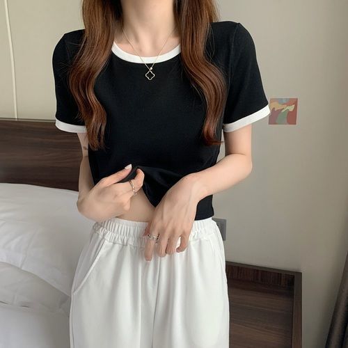 Women's Color Block Round Neck Short Sleeve T-Shirt Korean Style Slim Fit Trendy Student Top For Summer_ecoleips.com
