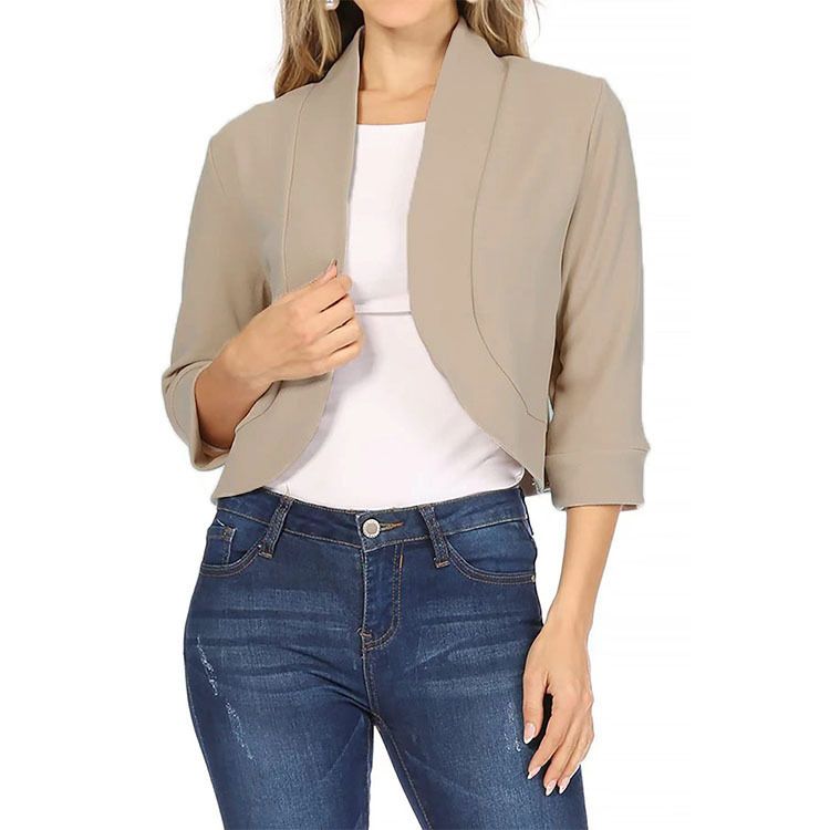 Women's Solid Color Blazer – Slim Fit Polyester Jacket With Stand Collar (S-5xl, Short Length, 7/8 Sleeve, Office & Casual)_ecoleips.com