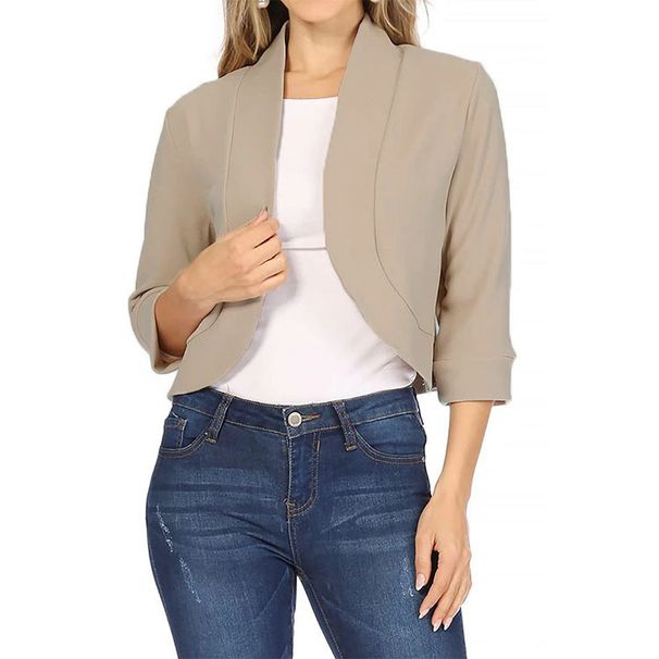 Women's Solid Color Blazer – Slim Fit Polyester Jacket With Stand Collar (S-5xl, Short Length, 7/8 Sleeve, Office & Casual)_ecoleips.com