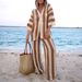2025 Summer Women's Fashion V-neck Hollow Striped Shirt Loose Knitted Wide-leg Pants Set_ecoleips.com