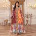 Women's Ethnic Print Kaftan Dress – Long Sleeve Loose Fit Maxi Dress With Embellished Beading (Polyester, S-Xxl, Multi-Color, Pullover Style)_ecoleips.com