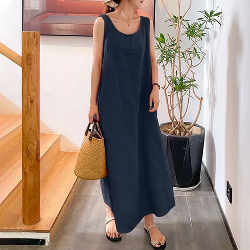 New Summer Cross-Border Solid Color Cotton-Linen Sleeveless Dress, Casual Loose Fit, Slimming Tank Long Dress For Women_ecoleips.com
