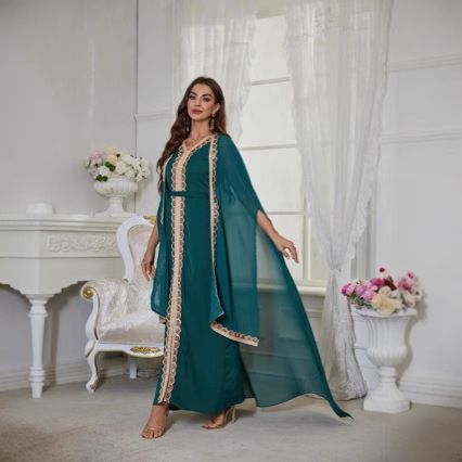 Muslim Abaya Women's Light Set Mesh Beaded Two-Piece Dress Robe_ecoleips.com