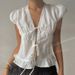 Women's French Style Girly Ruffle Blouse Lace Trimmed Puff Sleeve V Neck Tie Front Slim Fit Cross Border Top_ecoleips.com