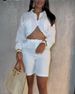 Women's Clothing Elegant Solid Color Loose Long Sleeved Waist Baring Shirt High Waist Shorts Suit_ecoleips.com