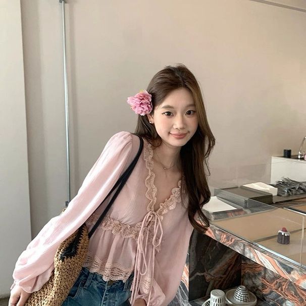 French-style Elegant And Mature Waist-cinching Women's Shirt, 2026 Spring-summer New Model, Lace-spliced V-neck_ecoleips.com