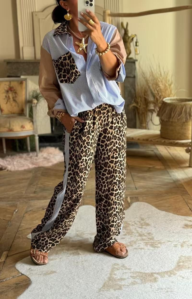 Women's Loose Leopard Print Patchwork Top Plus Leopard Print Trousers Suit_ecoleips.com