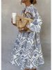 New Style Casual Print Three-quarter Sleeve Shirt Dress For Women Summer Fashion V Neck Loose Holiday Casual Dresses Robe Femme_ecoleips.com