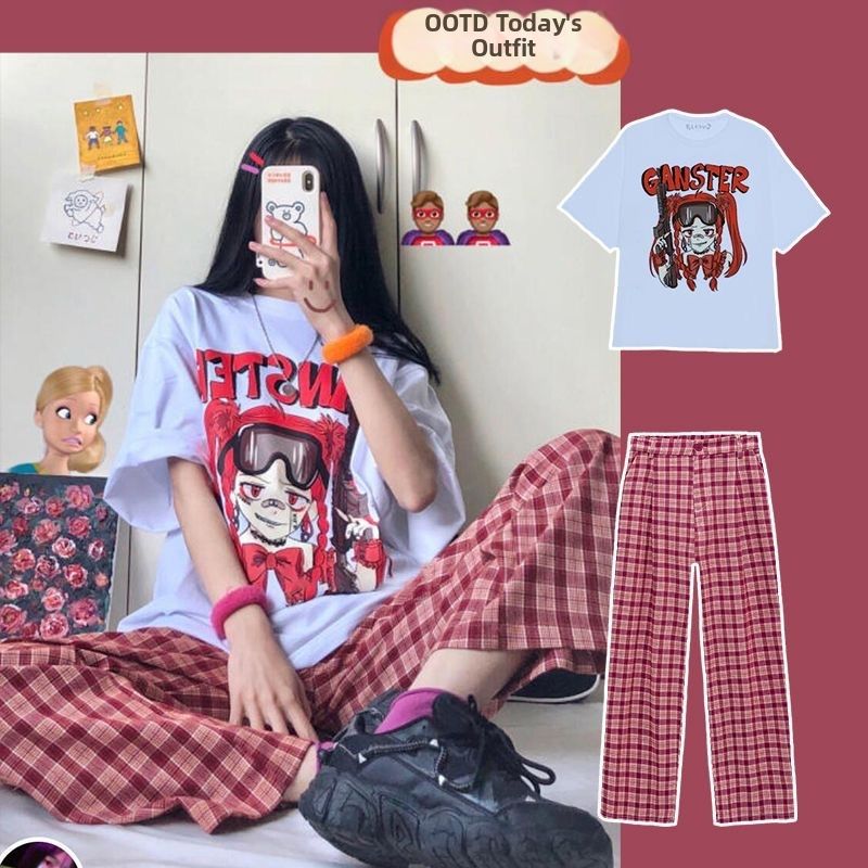 Women's Summer Casual Set With Cartoon Print, Short Sleeve Top And Loose-Fit Checkered Pants Relaxed Wide_ecoleips.com