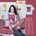 Women's Summer Casual Set With Cartoon Print, Short Sleeve Top And Loose-Fit Checkered Pants Relaxed Wide_ecoleips.com