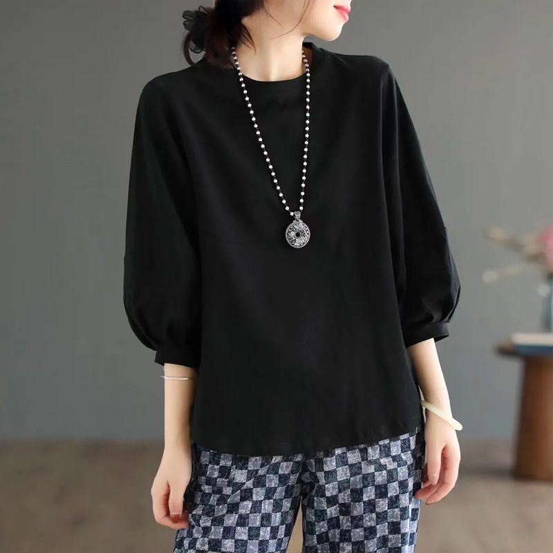 Chic Youthful Casual Three-Quarter Sleeve Top, Versatile Spring/Summer Artistic Vintage Versatile Short-Sleeve T-Shirt F_ecoleips.com