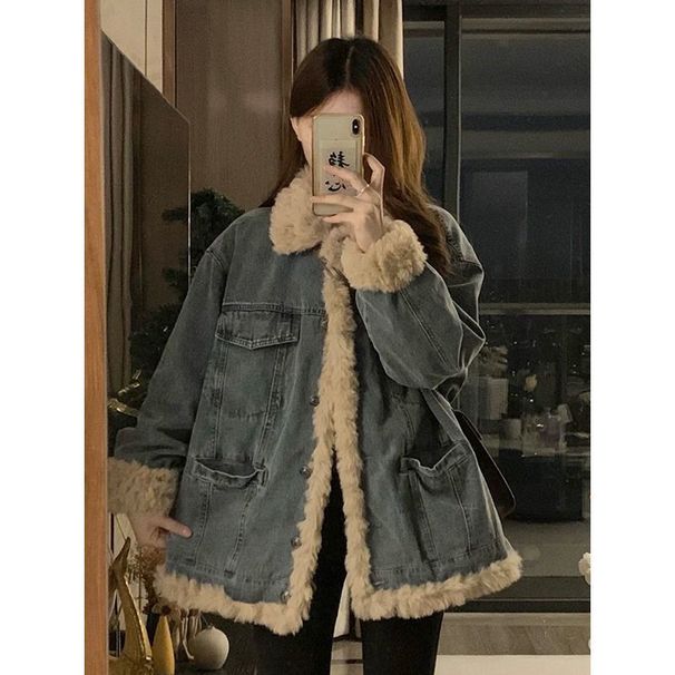girl Girl 2025 Autumn Winter New Korean Style Retro Lazy Casual Lamb Wool Denim Jacket High-end Cotton Coat For Women_ecoleips.com