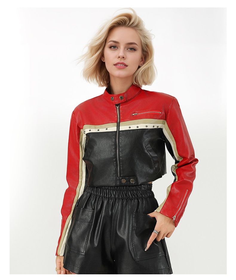 Brick Red PU Leather Biker Jacket – Women’s Cropped Streetwear Coat With Contrast Panels (S-XL, Edgy Urban Staple For Berlin Clubs & LA Streets)_ecoleips.com
