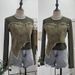 Women’s Clothing Real Shot Design Niche Denim Stitching Long Sleeved Mesh T Shirt Female Summer Round Neck Slim Short Top_ecoleips.com