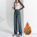 High-waisted Denim With Leather Label Design For Women, Fleece-lined, Wide-leg, Slimming, 2026 Winter New Style, Warm,_ecoleips.com
