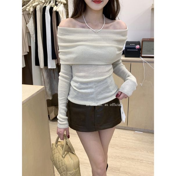 Aria Basics Aria Basics Top For Women, Autumn Design Sweater, Elegant Off-Shoulder Unique Inner Wear, Knitted Wool Base Shirt Sweater_ecoleips.com