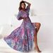 Women's Clothing Long Sleeve Sexy Deep V Multicolor Large Flower Print Slit Dress_ecoleips.com