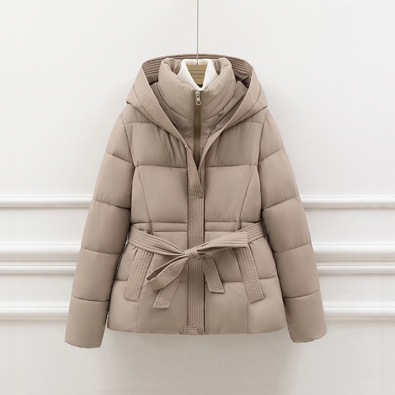 Women's Clothing Thickened Cotton Coat For Women Short Style Waist Slim Fit Hooded Lace Up Warm Coat_ecoleips.com