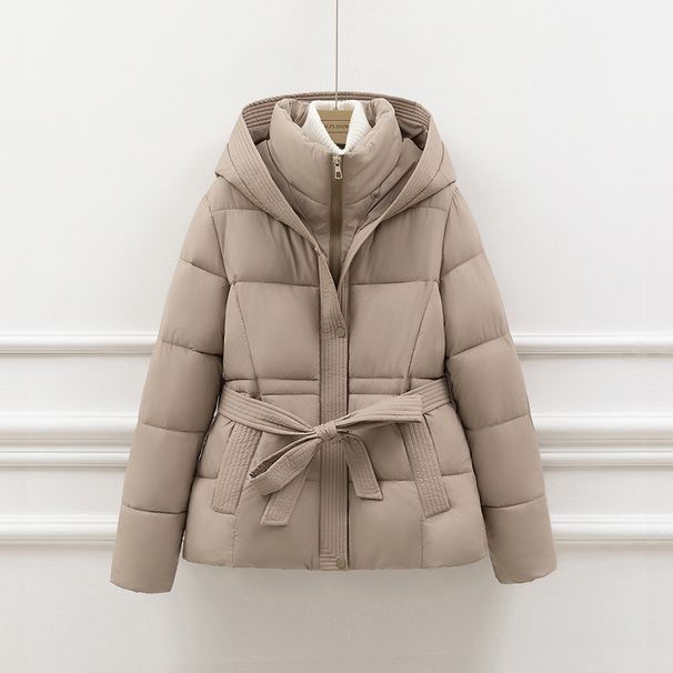 Women's Clothing Thickened Cotton Coat For Women Short Style Waist Slim Fit Hooded Lace Up Warm Coat_ecoleips.com
