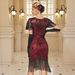 Tassel Sequined Short Sleeve Dress for Women Retro 1920s European American Style Slim Fit Evening Gown for Banquet Party_ecoleips.com