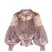 Women's Clothing Three Dimensional Flower Collage See Through Mesh Lantern Sleeve Slim Short Top Women's Lace Bottoming Shirt_ecoleips.com