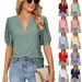 Women's Clothing Summer Casual V Neck Solid Color Hollow Bubble Sleeve Loose T Shirt Tops For Women_ecoleips.com