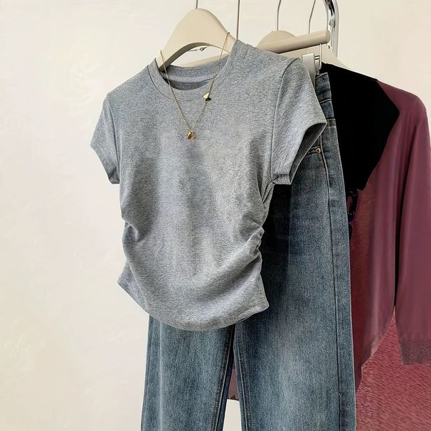 Women's Slimming Round Neck T-Shirt Short Sleeve Pleated Versatile Base Layer Top Spring Summer New Arrival American Style_ecoleips.com